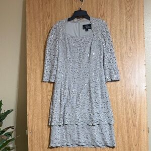 Alex Evenings Silver Lace 3/4 Sleeve Dress